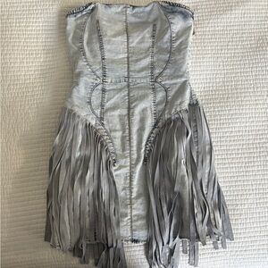 Fringe Strapless Mini Dress - Gray